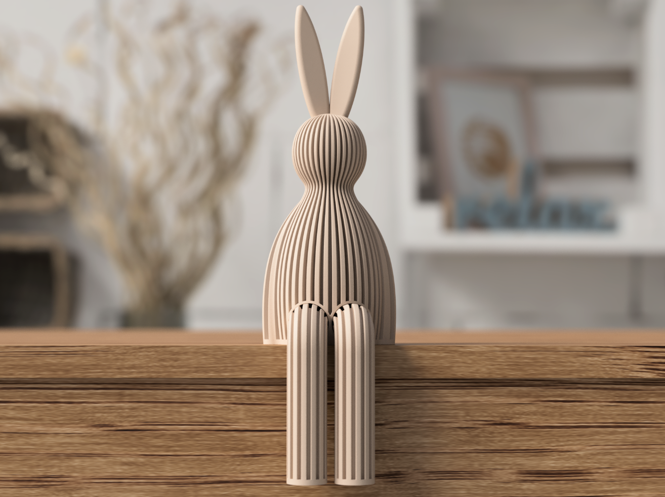 Coelho Decorativo de Páscoa Japandi – Escultura para Prateleira com Acabamento Ripado